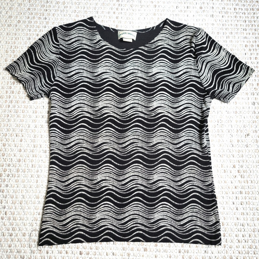 Vintage 90s Frazier Lawrence Womens M Top Black and White Wavy Stripes Abstract